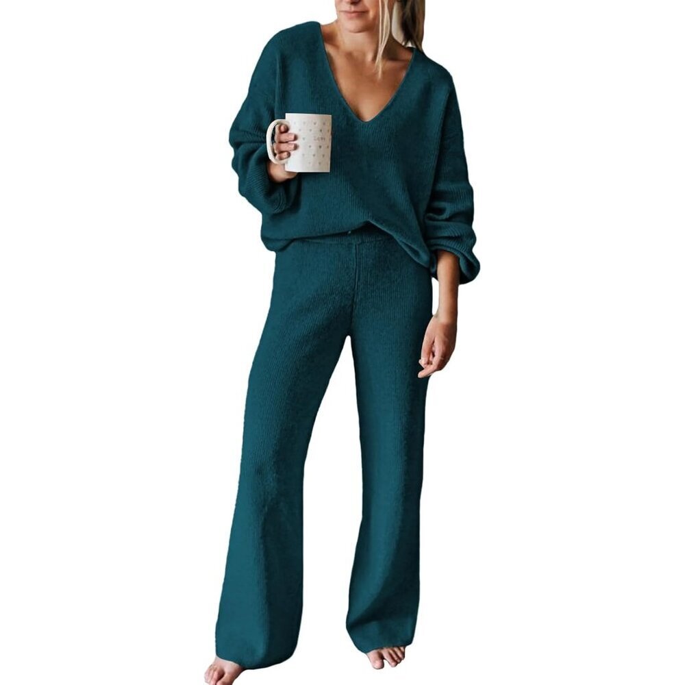 Women's 2 Piece Knit Sweatsuit V Neck Lounge Set Wide Leg Pants Large